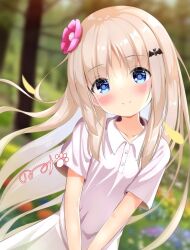 Rule 34 | 1girl, bat hair ornament, blonde hair, blue eyes, blush, dress, flower, hair flower, hair ornament, hairclip, kud wafter, kudpoid (71139), little busters!, long hair, looking at viewer, noumi kudryavka, outdoors, short sleeves, smile, solo, split mouth, upper body, white dress, wind