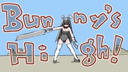 Rule 34 | 1girl, animal ears, animated, black leotard, blue sky, bouncing breasts, bow, bowtie, breasts, bunny&#039;s high, buster sword, chinese zodiac, cleavage, copyright name, detached collar, earrings, fake animal ears, female focus, grey hair, high heels, holding, holding sword, holding weapon, horizon, jaggy lines, jewelry, landing, legs apart, lens flare, leotard, long hair, medium breasts, official art, playboy bunny, rabbit tail, red bow, red bowtie, red eyes, sky, smile, solo, strapless, strapless leotard, sun, sunlight, sword, tagro, thighhighs, video, weapon, white thighhighs, wrist cuffs, year of the rabbit, zooming out
