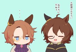 Rule 34 | ..., 2girls, agnes tachyon (sigma experiment) (umamusume), agnes tachyon (umamusume), ahoge, animal ears, black jacket, black shirt, blue background, blue eyes, blush stickers, bow, brooch, brown hair, chibi, closed eyes, gomashio (goma feet), grey shirt, hair between eyes, horse ears, jacket, jewelry, jitome, monocle, multiple girls, narita taishin (difference engineer) (umamusume), narita taishin (umamusume), open clothes, open jacket, parted bangs, purple bow, shirt, simple background, striped bow, translation request, umamusume, upper body