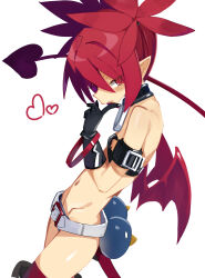 Rule 34 | 1girl, absurdres, belt, black gloves, blush, choker, demon girl, demon tail, demon wings, disgaea, etna (disgaea), finger to own chin, flat chest, gloves, heart, highres, hip bones, jank365m, looking at viewer, navel, o-ring, o-ring choker, pointy ears, red eyes, red hair, red tail, red wings, simple background, skinny, solo, tail, white background, wings