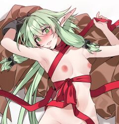 Rule 34 | 1girl, armpits, bechu, blush, bow, breasts, commentary, elf, english commentary, gloves, goblin slayer!, green eyes, green hair, hair between eyes, hair bow, high elf archer (goblin slayer!), highres, long hair, looking at viewer, lying, navel, nipples, on back, out-of-frame censoring, pointy ears, red ribbon, ribbon, simple background, single glove, small breasts, solo, sweat, teeth, white background