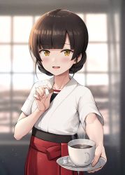 Rule 34 | 1girl, black hair, blurry, blurry background, blush, brown eyes, coffee, collarbone, cup, dougi, hakama, highres, holding, ichikawa feesu, japanese clothes, kantai collection, looking at viewer, open mouth, red hakama, short hair, short sleeves, smile, solo, teeth, upper body, upper teeth only, yawata maru (kancolle)