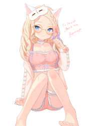 Rule 34 | 1girl, absurdres, animal ears, arm support, artist name, asymmetrical bangs, barefoot, blonde hair, blue bow, blue eyes, blue hair, blush, bow, braid, braided bangs, breasts, bridal garter, cameltoe, cardigan, cat ears, cat girl, character name, choker, clenched hands, closed mouth, collarbone, crystal, english text, feet, female focus, forehead, frilled shirt, frilled shorts, frills, gem, glasses, green bow, green hair, hair bow, half-closed eyes, hand up, happy, heart, highres, indie virtual youtuber, karmq, knees together feet apart, knees up, long hair, long sleeves, looking at viewer, mask, mask on head, medium breasts, multicolored hair, off-shoulder cardigan, open cardigan, open clothes, orange-framed eyewear, pajamas, paw print, peach2d, pink cardigan, pink pajamas, pink shirt, pink shorts, red bow, red gemstone, red hair, round eyewear, shirt, short shorts, shorts, sidelocks, signature, simple background, single braid, sitting, sleep mask, sleeveless, sleeveless shirt, smile, solo, streaked hair, thank you, virtual youtuber, wavy hair, white background, white choker