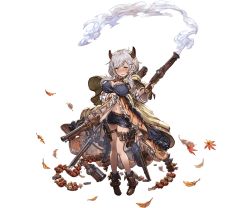 Rule 34 | 1girl, blue shorts, blush, boots, breasts, brown footwear, bullet, camieux, full-face blush, full body, granblue fantasy, grey hair, holding, holding weapon, horns, leaf, looking at viewer, minaba hideo, short hair, shorts, smoke, solo, transparent background, v-shaped eyebrows, weapon