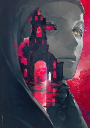Rule 34 | 1boy, blood, bloody tears, church, cowl, elden ring, heterochromia, highres, hood, looking at viewer, projected inset, ruins, ruint, signature, standing, tagme, white-faced varre, yellow eyes