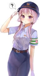 Rule 34 | ?, animal print, armband, belt, blue hat, blue pants, blue shirt, blush, bracelet, commentary request, cowboy shot, gloves, hair tubes, hat, highres, jewelry, korean commentary, looking at viewer, narami, pants, parted lips, police, police hat, police uniform, purple eyes, purple hair, rabbit print, salute, shirt, short hair with long locks, solo, speech bubble, spoken question mark, star (symbol), star print, uniform, vocaloid, voiceroid, white background, white gloves, yuzuki yukari