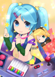 Rule 34 | 10s, 1boy, 1girl, 2013, alternate costume, arcade sona, blonde hair, blue eyes, blue hair, breasts, cleavage, ezreal, goggles, goggles on head, gradient hair, green eyes, heart, ilris, instrument, jewelry, league of legends, long hair, multicolored hair, nail polish, necklace, one eye closed, open mouth, purple hair, short hair, smile, sona (league of legends), star (symbol), twintails, very long hair, wink