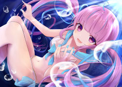 Rule 34 | 1girl, :d, absurdres, ahoge, air bubble, bikini, blue bow, blue hair, blue nails, blue sailor collar, bow, bow bikini, breasts, bubble, cleavage, collarbone, commentary, feet out of frame, highres, hilamaru, hololive, long hair, looking at viewer, medium breasts, minato aqua, multicolored hair, nail polish, open mouth, pink hair, purple eyes, sailor collar, smile, solo, streaked hair, striped bikini, striped clothes, swimsuit, two-tone hair, underwater, very long hair, virtual youtuber, water