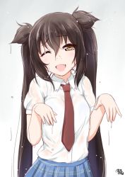 Rule 34 | 1girl, ayama yuiya, black hair, fang, gradient background, komine shiro, long hair, looking at viewer, necktie, one eye closed, open mouth, shirt, skirt, smile, twintails, wet, yellow eyes