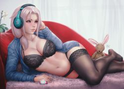 Rule 34 | 1girl, black thighhighs, breasts, chloe (sciamano240), cleavage, feet, female focus, freckles, headphones, lace, lace-trimmed legwear, lace trim, large breasts, light purple hair, lingerie, lying, medium breasts, navel, no shoes, on side, original, pink eyes, sciamano240, smile, solo, stuffed animal, stuffed toy, thighhighs, toes, underwear