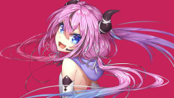Rule 34 | 1girl, 1other, backless outfit, bare shoulders, blue eyes, detached sleeves, dress, gynoid talk, headset, highres, hood, hood down, horns, long hair, looking at viewer, meika hime, open mouth, pink hair, red background, routo (rot 0), simple background, smile, solo, vocaloid, white dress
