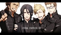 Rule 34 | 10s, 4boys, aged up, beard, black hair, blonde hair, brown hair, copyright name, facial hair, final fantasy, final fantasy xv, gladiolus amicitia, glasses, ignis scientia, letterboxed, male focus, multiple boys, noctis lucis caelum, prompto argentum, scar, spoilers, tarou (au0153), v, white background