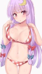 Rule 34 | 1girl, alternate costume, asa (coco), bad id, bad twitter id, bikini, blunt bangs, blush, breasts, crescent, crescent hair ornament, hair ornament, hair ribbon, large breasts, long hair, looking at viewer, navel, open mouth, patchouli knowledge, plaid, plaid bikini, purple hair, red eyes, ribbon, solo, swimsuit, touhou, tress ribbon, triangle mouth