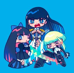 Rule 34 | 1boy, 2girls, :o, artist name, ascot, back bow, biker clothes, black gloves, black hair, blue eyes, blue nails, boots, bow, bright pupils, chibi, colored inner hair, commentary, company connection, creator connection, crossed swords, dress, epaulettes, full body, gloves, green hair, hair bow, hands on hilt, hatake (hatanosuke), holding, holding sword, holding weapon, katana, kill la kill, kiryuuin satsuki, kneeling, lio fotia, lolita fashion, long hair, mad burnish, multicolored hair, multiple girls, nail polish, one eye closed, panty &amp; stocking with garterbelt, planted, planted sword, planted weapon, promare, purple eyes, short hair, short hair with long locks, sidelocks, signature, stocking (psg), striped clothes, striped legwear, striped thighhighs, sword, symbol-only commentary, teeth, thick eyebrows, thighhighs, trigger (company), two-tone hair, upper teeth only, weapon, white pupils