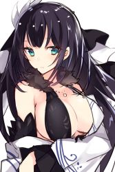 Rule 34 | 10s, 1girl, aqua eyes, bare shoulders, black hair, breasts, cleavage, divine gate, covered erect nipples, highres, huge breasts, jewelry, long hair, looking at viewer, necklace, sakofu, simple background, solo, white background
