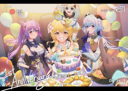 Rule 34 | 4girls, absurdres, aether (genshin impact), ahoge, anniversary, balloon, bare shoulders, bell, black gloves, blonde hair, blue hair, cake, detached sleeves, dress, finger to mouth, flower, food, ganyu (genshin impact), genshin impact, gloves, golden shrimp balls (genshin impact), guoba (genshin impact), hair flower, hair ornament, highres, holding, holding cake, holding food, horns, long hair, looking at viewer, lumine (genshin impact), multiple girls, neck bell, paimon (genshin impact), prosperous peace (genshin impact), purple dress, purple eyes, purple hair, recording, slime (genshin impact), smile, very long hair, white sleeves, zero yee