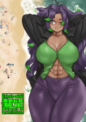 Rule 34 | 1girl, abs, arms behind head, beach, collarbone, dark skin, giant, giantess, grey hair, highres, lipstick, long hair, makeup, multicolored hair, one eye closed, open clothes, open shirt, original, pants, purple hair, shosho oekaki, smile, solo, standing, unbuttoned, unbuttoned shirt, water