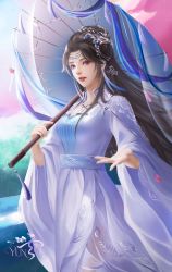 Rule 34 | 1girl, absurdres, artist request, blue eyes, doupo cangqiong, dress, earrings, falling petals, hair ornament, highres, holding, holding umbrella, jewelry, long hair, long sleeves, looking at viewer, necklace, outdoors, parted lips, petals, second-party source, solo, tassel, tassel earrings, teeth, umbrella, water, white dress, yun yun (doupo cangqiong)