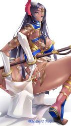Rule 34 | 1girl, armlet, armor, ass, ass grab, azitama atsushi (attyuu), back, black hair, blue armor, blush, bracelet, breastplate, breasts, bridal gauntlets, chain, circlet, dark-skinned female, dark skin, dated, detached sleeves, facial mark, fate/grand order, fate (series), feathers, forehead jewel, green eyes, hands on own ass, hat, highres, jewelry, large breasts, long hair, looking at viewer, looking back, parted bangs, parted lips, pauldrons, pelvic curtain, ring, sandals, scheherazade (fate), shoulder armor, sideboob, simple background, solo, squatting, thighs, very long hair