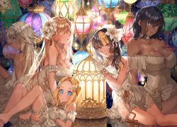 Rule 34 | 1other, 4girls, androgynous, bare shoulders, barefoot, black hair, blonde hair, blue eyes, blush, braid, breasts, bridal garter, cleavage, closed mouth, collarbone, dark-skinned female, dark skin, dress, eyes visible through hair, fatal twelve, flower, gloves, grey hair, hair between eyes, hair flower, hair ornament, highres, large breasts, lily (flower), long hair, looking at viewer, multicolored hair, multiple girls, open mouth, red eyes, reflective floor, shio kouji (shiokojii), short hair, sitting, small breasts, smile, two-tone hair, v-shaped eyebrows, white dress, x hair ornament, yellow eyes