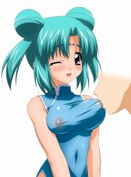 Rule 34 | 1990s (style), 1girl, ;d, absurdres, aqua hair, bare shoulders, blush, breast sucking, breast sucking through clothes, breasts, canal vorfeed, china dress, chinese clothes, covered erect nipples, covered navel, double bun, dress, facial mark, forehead mark, hair bun, highres, lactation, lactation through clothes, lost universe, one eye closed, open mouth, purple eyes, retro artstyle, shiny clothes, shiny skin, short hair, simple background, skin tight, smile, solo, sugimura tomokazu, through clothes, upper body, white background, wink