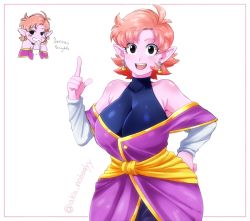 Rule 34 | 1girl, :d, aka nobodyy, bare shoulders, blush, breasts, chronoa, cleavage, colored skin, detached sleeves, dragon ball, dragon ball xenoverse, earrings, english text, grin, highres, index finger raised, jewelry, kaioushin, large breasts, multiple views, open mouth, orange hair, pink skin, pointy ears, potara earrings, prototype design, short hair, skin tight, smile, supreme kai of time, twitter username