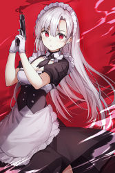 Rule 34 | 1girl, apron, ascot, bad id, bad pixiv id, black ascot, borrowed character, breasts, cleavage, commentary request, dress, gloves, gun, hair between eyes, hair ornament, holding, holding gun, holding weapon, large breasts, long hair, looking at viewer, maid, maid headdress, original, rangu, red background, red eyes, serious, short sleeves, smoke, solo, standing, very long hair, weapon, white gloves