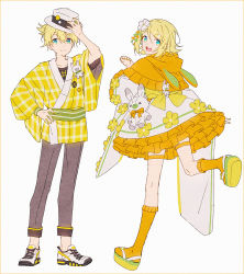 Rule 34 | 1boy, 1girl, alternate costume, animal ears, aqua eyes, arm at side, back bow, blonde hair, blush stickers, bow, capelet, clenched hand, closed mouth, collarbone, commentary, dot nose, fake animal ears, fingernails, flower, fortissimo, frilled capelet, frilled kimono, frills, from behind, full body, green ribbon, grey pants, hair flower, hair ornament, hairclip, hakusai (tiahszld), hand on headwear, hand on own hip, hand up, happy, hat, japanese clothes, kagamine len, kagamine rin, kimono, leg up, looking at viewer, looking back, musical note, musical note print, nail polish, okobo, open mouth, orange capelet, orange ribbon, orange socks, orange theme, pants, pin, plaid, plaid kimono, ribbon, round teeth, sandals, shoes, short hair, short kimono, simple background, smiley face, sneakers, socks, standing, standing on one leg, striped, striped sash, stuffed animal, stuffed rabbit, stuffed toy, symbol-only commentary, tareme, teeth, thigh strap, upper teeth only, vocaloid, white background, white flower, white headwear, white kimono, x hair ornament, yellow bow, yellow flower, yellow footwear, yellow kimono, yellow nails, yellow theme