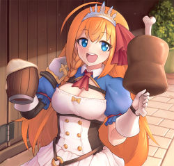 Rule 34 | 1girl, ahoge, alcohol, armor, ascot, beer, beer mug, blue eyes, boned meat, bow, braid, breasts, buttons, cleavage, cleavage cutout, clothing cutout, corset, cup, double-breasted, food, gloves, hair ribbon, highres, holding, jacy, long hair, looking at viewer, meat, medium breasts, mug, open mouth, orange hair, pauldrons, pecorine (princess connect!), plant, potted plant, princess connect!, puffy short sleeves, puffy sleeves, ribbon, round teeth, short sleeves, shoulder armor, shrug (clothing), side braid, single pauldron, solo, teeth, tiara, upper teeth only