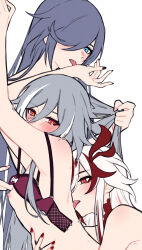 Rule 34 | 3girls, arms up, black nails, blue eyes, blue hair, blush, bra, breasts, commentary request, dual persona, eyeliner, fu hua, fu hua (garuda), fu hua (herrscher of sentience), grabbing another&#039;s hair, grey hair, hair between eyes, hair over one eye, hand on another&#039;s chest, hand on another&#039;s stomach, highres, honkai (series), honkai impact 3rd, licking another, licking another&#039;s hand, licking back, light blush, long hair, makeup, multicolored hair, multiple girls, nipples, nude, official alternate hairstyle, one eye covered, open bra, red eyeliner, red eyes, red hair, red nails, red scales, simple background, small breasts, streaked hair, symbol-shaped pupils, tearing up, two-tone hair, underwear, upper body, white background, white hair, yellow pupils, yunomi (yunomi hs), yuri