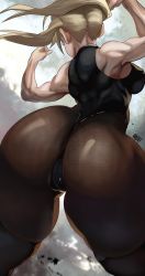 Rule 34 | 1girl, ass, ass focus, blonde hair, breasts, cameltoe, cleft of venus, curvy, flexing, from behind, highres, huge ass, large breasts, leotard, long hair, maka albarn, muscular, muscular female, noblood (ryandomonica), pantyhose, sleeveless, solo, soul eater, thick thighs, thighs, twintails, wide hips