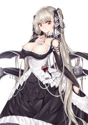 Rule 34 | 1girl, absurdres, azur lane, between breasts, black dress, black nails, bow, breasts, choker, cleavage, clothing cutout, collarbone, commentary request, cowboy shot, dress, earrings, flight deck, formidable (azur lane), frilled dress, frills, grey hair, hair bow, hair ribbon, hand on own chest, highres, jewelry, kai (pixiv12466647), large breasts, long hair, long sleeves, looking at viewer, nail polish, red eyes, ribbon, rigging, shoulder cutout, smile, solo, twintails, two-tone dress, two-tone ribbon, very long hair, white background