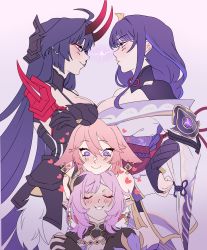Rule 34 | 4girls, ahoge, animal ears, armor, blush, braid, breast rest, breasts, bridal gauntlets, cleavage, closed eyes, closed mouth, company connection, earrings, elysia (honkai impact), elysia (miss pink elf) (honkai impact), eye contact, floppy ears, fox ears, genshin impact, gloves, gradient background, hair ornament, heart, heart in eye, highres, honkai (series), honkai impact 3rd, horns, japanese clothes, jewelry, kimono, large breasts, lightning glare, long hair, looking at another, low-braided long hair, low-tied long hair, mitsudomoe (shape), multiple girls, obi, obiage, obijime, pink hair, pointy ears, power connection, purple eyes, purple hair, raiden mei, raiden shogun, sash, senouzzz, shoulder armor, smile, symbol in eye, teeth, tomoe (symbol), trait connection, voice actor connection, yae miko, yuri