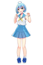 Rule 34 | 1girl, :d, absurdres, ahoge, bad id, bad pixiv id, blue bow, blue footwear, blue hair, blue sailor collar, blue skirt, blush, bow, bracelet, breasts, character request, collarbone, commentary request, fang, full body, green eyes, hair ornament, hairclip, highres, jewelry, looking at viewer, medium breasts, minami saki, neckerchief, open mouth, original, pleated skirt, sailor collar, school uniform, serafuku, shirt, shoes, short hair, simple background, skirt, sleeveless, sleeveless shirt, smile, socks, solo, standing, virtual youtuber, white background, white shirt, white socks, yellow neckerchief