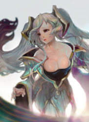 Rule 34 | 1girl, aqua hair, bare shoulders, blonde hair, breasts, brown eyes, cleavage, crab d, gradient hair, hair ornament, highres, jewelry, league of legends, long hair, multicolored hair, open mouth, simple background, solo, sona (league of legends), twintails, very long hair