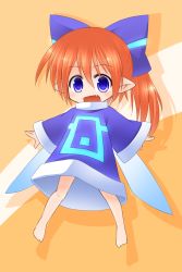 Rule 34 | 1girl, blue eyes, bow, fairy, fairy wings, hair bow, highres, kso, looking at viewer, open mouth, orange hair, pointy ears, simple background, smile, solo, wings, yellow background