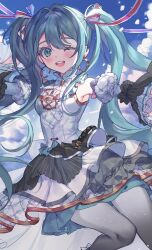 Rule 34 | 1girl, blue eyes, blush, bow, bowtie, colorful festival (project sekai), commentary, dress, earrings, frilled dress, frilled sleeves, frills, gold trim, gradient legwear, hair bow, hatsune miku, highres, hoop earrings, jewelry, juliet sleeves, long hair, long sleeves, looking at viewer, one eye closed, open mouth, pantyhose, project sekai, puffy sleeves, sha (nz2), smile, solo, twintails, very long hair, vocaloid, white bow, white bowtie, white dress