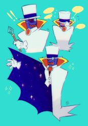 Rule 34 | !, !!, 1boy, blue background, blue gemstone, blue ribbon, blue skin, blush, buttons, cloak, collared cloak, colored skin, commentary, count bleck, covering face, cutie-png, diamond (shape), disembodied hand, english commentary, flying sweatdrops, gem, gloves, hand on headwear, hat, hat ribbon, highres, holding, holding staff, mario (series), monocle, nintendo, paper mario, rayman limbs, red eyes, red gemstone, ribbon, sparkle, speech bubble, staff, starry sky print, super paper mario, sweat, top hat, v-shaped eyebrows, vest, white cloak, white gloves, white headwear, white vest