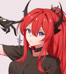 Rule 34 | 1girl, absurdres, arknights, black gloves, breasts, check commentary, chinese commentary, choker, collar, commentary request, cross, gloves, grey background, hair between eyes, hair intakes, highres, holding, holding jewelry, holding necklace, horns, jewelry, unworn jewelry, long hair, looking at viewer, medium breasts, miuna (498475051), necklace, unworn necklace, ponytail, purple eyes, red hair, sidelocks, simple background, solo, standing, studded collar, surtr (arknights)