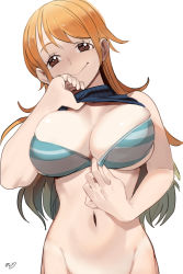 Rule 34 | 1girl, bikini, bikini pull, bikini top only, black sweater, breasts, brown eyes, cleavage, cleavage reach, clothes lift, clothes pull, green bikini, highres, large breasts, long hair, looking at viewer, nami (one piece), one piece, orange hair, pulling own clothes, ribbed sweater, sho-n-d, sleeveless, sleeveless turtleneck, smile, solo, striped bikini, striped clothes, sweater, sweater lift, swimsuit, turtleneck, upper body, white background