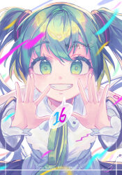 Rule 34 | 1girl, absurdres, artist name, collared shirt, detached sleeves, green eyes, green hair, grin, gtcockroach, hands up, happy birthday, hatsune miku, hatsune miku (nt), headset, highres, long hair, long sleeves, looking at viewer, neck ribbon, ribbon, shirt, sleeveless, sleeveless shirt, smile, solo, straight-on, twintails, vocaloid