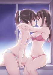 Rule 34 | 2girls, arms around neck, bow, bra, breasts, brown eyes, brown hair, cleavage, commentary request, eye contact, hair bow, highres, kamakama (kdmorh kamakama), long hair, looking at another, medium breasts, meteor, multiple girls, navel, night, night sky, original, panties, pink bow, pink bra, pink panties, ponytail, sitting, sky, star (sky), underwear, underwear only, white bow, white bra, white panties, window, yuri
