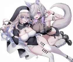 2girls animal_ears arm_up armpits bare_shoulders belt black_choker black_leotard black_shorts black_veil blue_eyes blue_hair bracelet breasts brown_hair choker claw_pose cleavage covered_navel crop_top cutoffs detached_sleeves ear_piercing fang fox_ears fox_girl fox_tail frills garter_straps glasses grey_hair hair_over_one_eye jewelry large_breasts leotard long_hair long_sleeves looking_at_viewer midriff multicolored_hair multiple_girls navel neko-san_(dim.dream) open_mouth original piercing purple_eyes see-through_cleavage see-through_clothes shirt shoes short_shorts short_sleeves shorts shrug_(clothing) simple_background sleeveless sleeveless_shirt smile stomach tail thighhighs thighs tongue tongue_out two-tone_hair veil white_background white_thighhighs