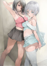 Rule 34 | 2girls, arm behind back, armpits, arms up, ass, bag, black skirt, breasts, commentary request, covered erect nipples, cropped shirt, grey eyes, ishikei, large breasts, long hair, medium breasts, multiple girls, off-shoulder shirt, off shoulder, original, paid reward available, parted lips, pink eyes, shirt, skindentation, skirt, standing, thighhighs, thighs, white hair, white skirt, white thighhighs