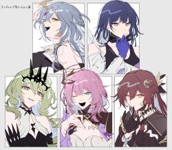 Rule 34 | 5girls, absurdres, asymmetrical clothes, asymmetrical sleeves, bare shoulders, black choker, black dress, black hanfu, black tank top, blue eyes, blue gloves, blue hair, braid, china dress, chinese clothes, choker, closed mouth, colored inner hair, commentary request, dress, earrings, elysia (honkai impact), floating hair, fu hua, fu hua (herrscher of sentience), gloves, green eyes, green hair, grey hair, hair between eyes, hair ornament, hand on own chin, hand up, hanfu, highres, hirako daishougun, honkai (series), honkai impact 3rd, index finger raised, jewelry, long hair, looking at viewer, mobius (honkai impact), multicolored hair, multiple girls, murata himeko, one eye closed, open mouth, orange eyes, pink hair, raiden mei, raiden mei (apho), red eyes, red hair, side braid, single bare shoulder, single earring, single off shoulder, streaked hair, string, string of fate, tank top, teeth, translation request, uneven sleeves, upper body, white background, white hair, yellow pupils