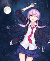Rule 34 | 1girl, afloat, black jacket, black sky, blue skirt, commentary request, cowboy shot, hand up, highres, hood, hooded jacket, jacket, light smile, looking at viewer, lying, moon, necktie, night, night sky, on back, on water, parted lips, pleated skirt, purple eyes, purple hair, red neckwear, reflection, ripples, shirt, skirt, sky, star (sky), starry sky, toromera, vocaloid, voiceroid, water, white shirt, yuzuki yukari