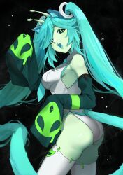 1girl absurdres alien animal_ears antennae aqua_hair aqua_necktie artist_name black_background black_eyes black_sleeves cat_ears cat_tail ceskyne detached_sleeves eyeshadow glorpi_miku_(dyarikku) green_eyeshadow green_lips green_pupils hatsune_miku highres leotard long_hair looking_at_viewer makeup necktie open_mouth shirt sleeveless sleeveless_shirt sleeves_past_fingers sleeves_past_wrists solo tail thighhighs twintails very_long_hair vocaloid white_leotard white_shirt white_thighhighs