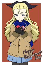 Rule 34 | 1girl, assam (girls und panzer), black gloves, black pantyhose, black ribbon, blonde hair, blue eyes, blue scarf, blue skirt, blush, box, brown background, brown coat, coat, commentary, cowboy shot, english text, fur-trimmed coat, fur trim, gift, girls und panzer, gloves, hair pulled back, hair ribbon, happy valentine, heart-shaped box, highres, holding, holding gift, ichinose jun, long hair, long sleeves, looking at viewer, miniskirt, open mouth, outside border, pantyhose, pleated skirt, ribbon, scarf, school uniform, skirt, smile, solo, standing, valentine, winter clothes