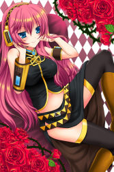 Rule 34 | 1girl, adjusting hair, argyle, argyle background, argyle clothes, armband, bad id, bad pixiv id, bare shoulders, black thighhighs, blue eyes, boots, breasts, detached sleeves, female focus, flower, headphones, long hair, megurine luka, midriff, navel, pink hair, ratise, rose, smile, solo, thighhighs, thorns, vocaloid, zettai ryouiki