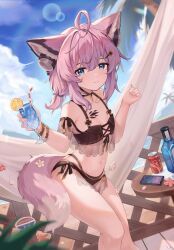 1girl ahoge animal_ear_fluff animal_ears arknights bare_shoulders beach behind-the-head_headphones bikini black_bikini blue_eyes blue_sky blush bombay_sapphire bottle can cellphone coca-cola cup curtains day drink_can drinking_glass dutch_angle fence flat_chest fox_ears fox_girl fox_tail hair_ornament hairclip headphones headphones_for_animal_ears highres holding holding_cup hurricane_glass lens_flare looking_at_viewer material_growth navel off-shoulder_bikini off_shoulder official_alternate_costume oripathy_lesion_(arknights) outdoors palm_tree petals phone pink_hair short_hair short_twintails sky smartphone smile soda_can solo standing sussurro_(arknights) sussurro_(summer_flower)_(arknights) swimsuit table tail tree twintails wooden_fence xary